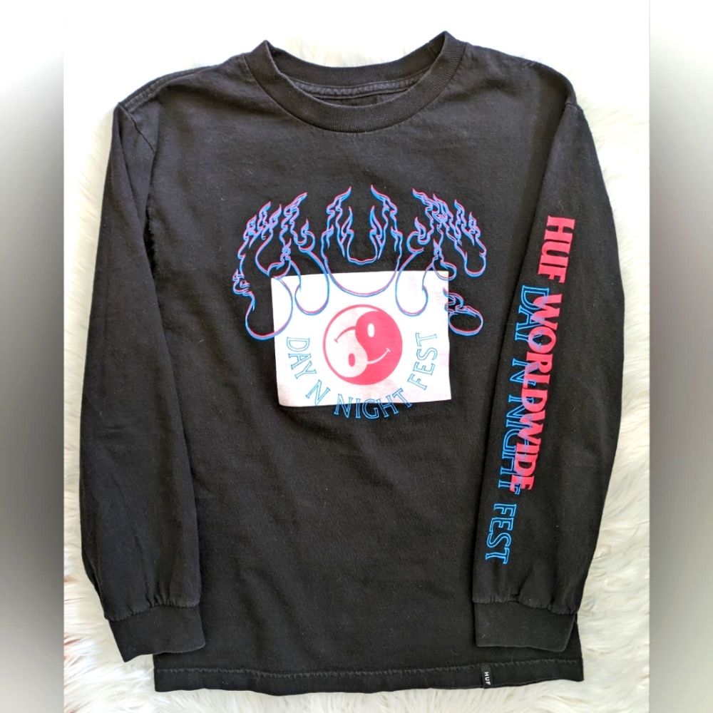 GUC HUF Worldwide black crewneck long sleeve Day N Night Fest graphic front